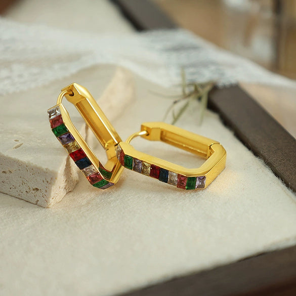 Wholesale Women's 316L Stainless Steel Rectangular And Ushaped Geometric Inlaid Crystal Earrings Light Luxury Style