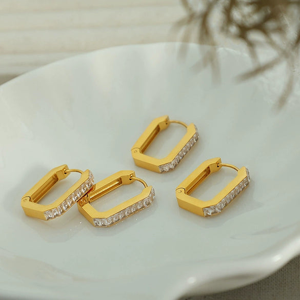 Wholesale Women's 316L Stainless Steel Rectangular And Ushaped Geometric Inlaid Crystal Earrings Light Luxury Style
