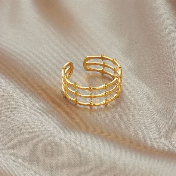Wholesale Women's Titanium Steel Ring Geometric Pattern Retro Cold Style Three Layer Opening Design Electroplated