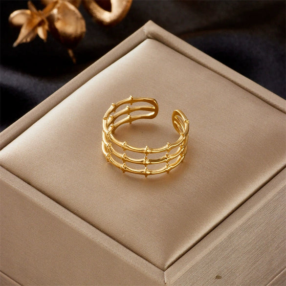Wholesale Women's Titanium Steel Ring Geometric Pattern Retro Cold Style Three Layer Opening Design Electroplated