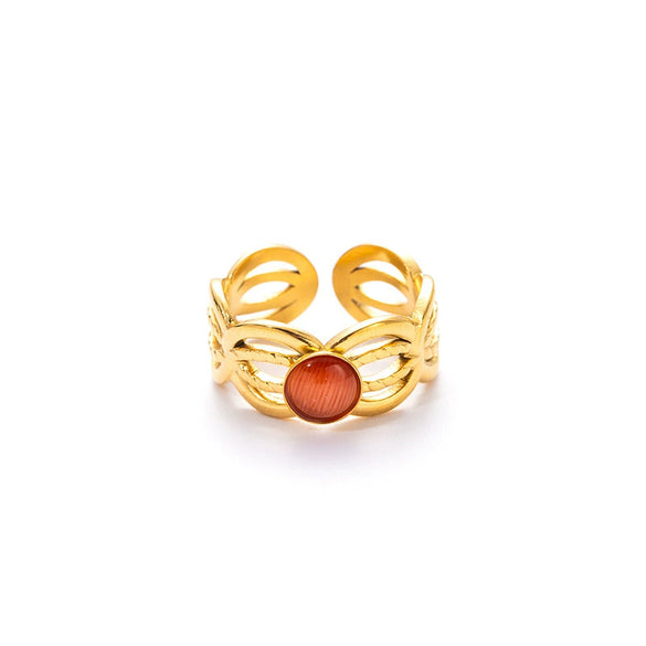 Wholesale Women's Titanium Steel Ring Inlaid With Colorful Natural Stone Retro Niche Geometric U Shape 18K Gold Plated