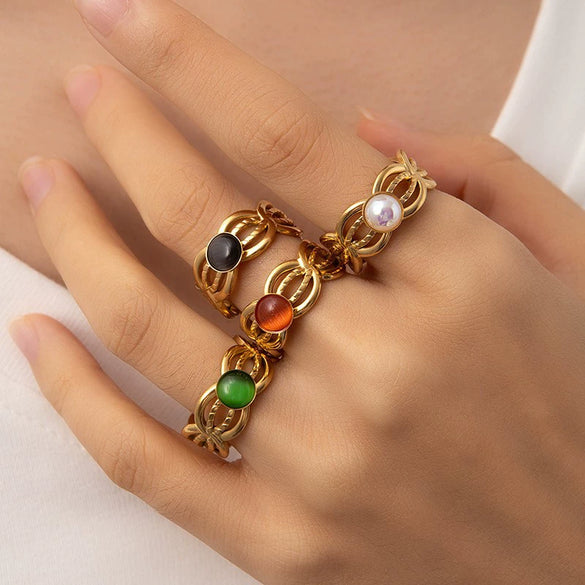 Wholesale Women's Titanium Steel Ring Inlaid With Colorful Natural Stone Retro Niche Geometric U Shape 18K Gold Plated