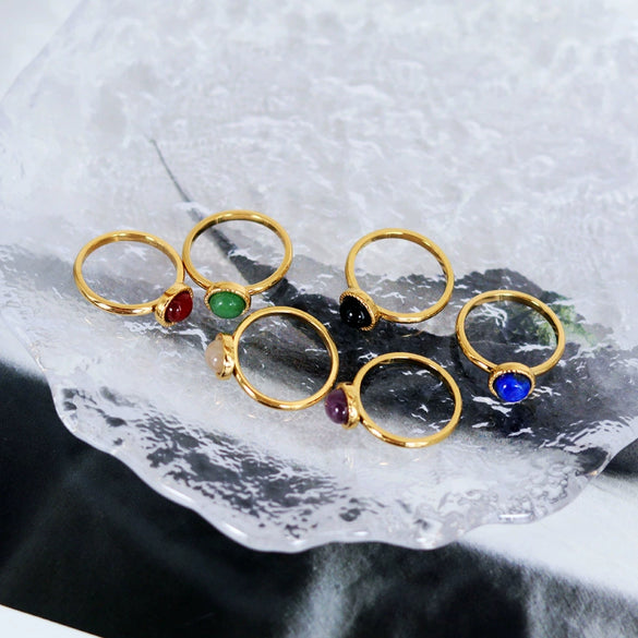 Wholesale Women's Titanium Steel Ring With Colorful Natural Stone Agate Inlay And 18K Gold Plating Sweet Geometric Style