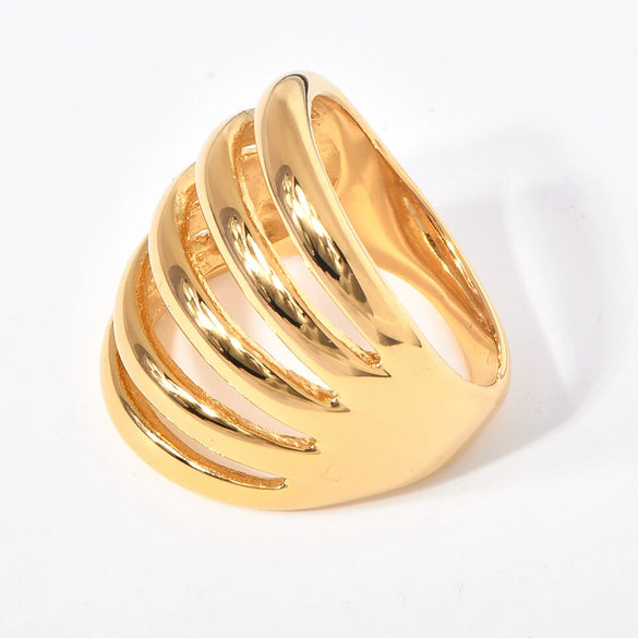 Wholesale Women's Titanium Steel Ring With Geometric Stripe Hollow Design And 18K Gold Plated Electroplating