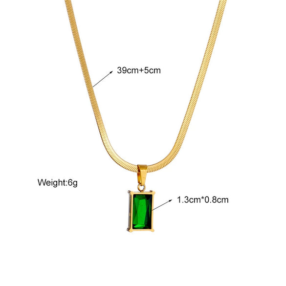 Wholesale Women's Titanium Steel Square Emerald Rhinestoneembedded Clavicle Chain Earrings And Necklace With Snake Bone Chain And Electroplating