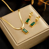 Wholesale Women's Titanium Steel Square Emerald Rhinestoneembedded Clavicle Chain Earrings And Necklace With Snake Bone Chain And Electroplating