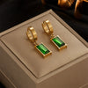 Wholesale Women's Titanium Steel Square Emerald Rhinestoneembedded Clavicle Chain Earrings And Necklace With Snake Bone Chain And Electroplating