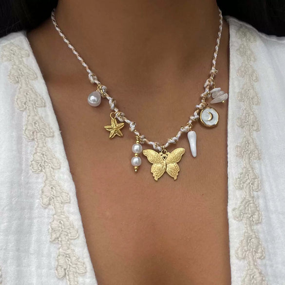 Wholesale Women's Titanium Steel Star Pattern Electroplated Multi Pendant Color Rope Necklace