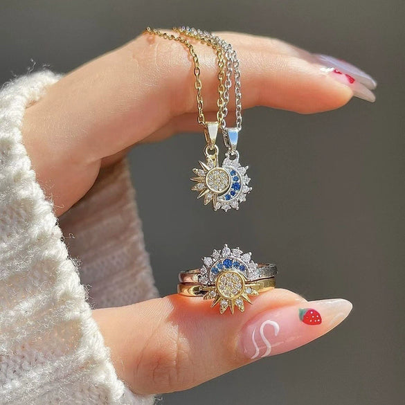 Wholesale Women's Titanium Steel Star Shape Necklace And Open Ring Set With Zircon Inlaid Pendant And Oshaped Chain Light Luxury Minimalist Style