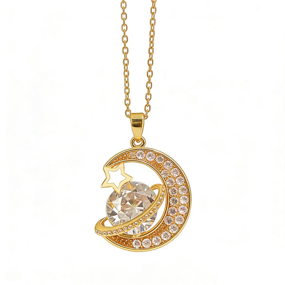 Wholesale Women's Titanium Steel Star Shape Zircon Inlaid Copper Pendant Necklace With Water Wave Chain Light Luxury Minimalist Style