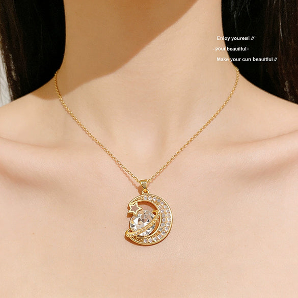 Wholesale Women's Titanium Steel Star Shape Zircon Inlaid Copper Pendant Necklace With Water Wave Chain Light Luxury Minimalist Style