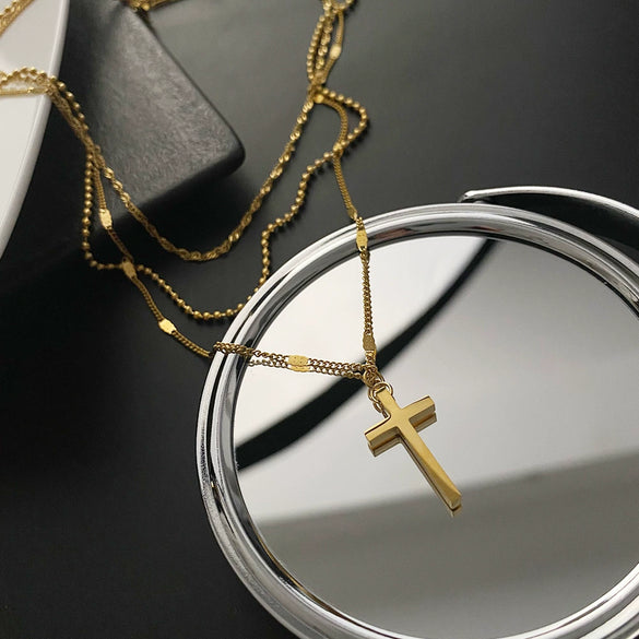 Wholesale Women's Titanium Steel Three Layer Cross Necklace With Geometric Design And Cold Light Luxury Style