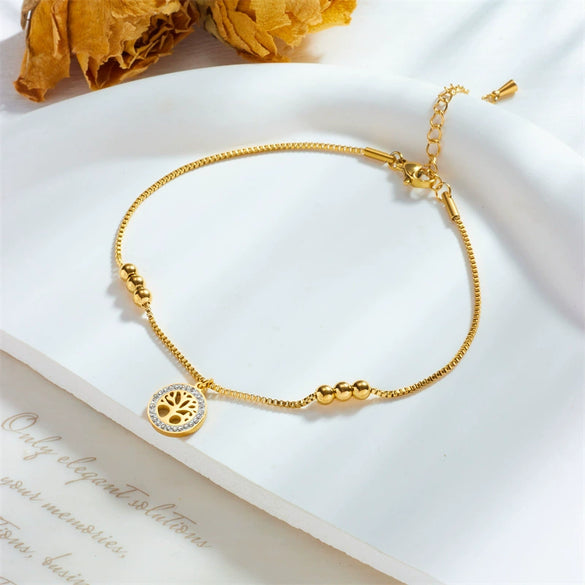 Wholesale Women's Titanium Steel Tree Of Life Pendant Anklet With Gold Bead Chain Simple Luxury Style