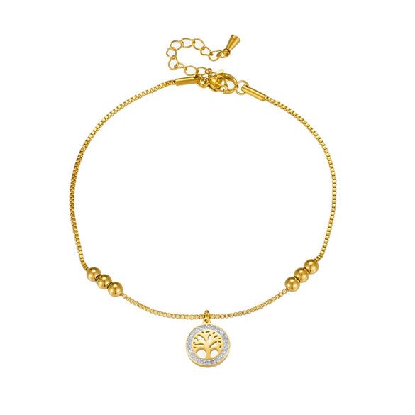 Wholesale Women's Titanium Steel Tree Of Life Pendant Anklet With Gold Bead Chain Simple Luxury Style