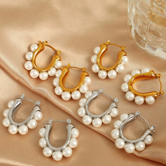 Wholesale Women's 316L Stainless Steel U Shape Fashion Geometric Electroplated Pearl Earrings