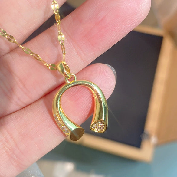 Wholesale Women's Titanium Steel Water Wave Chain Necklace With Geometric Copper Pendant Inlaid With Zircon