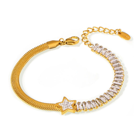 Wholesale Women's 316L Stainless Steel Zircon Bracelet With Geometric Fivepointed Star And Rectangular Design 18K Gold Plated