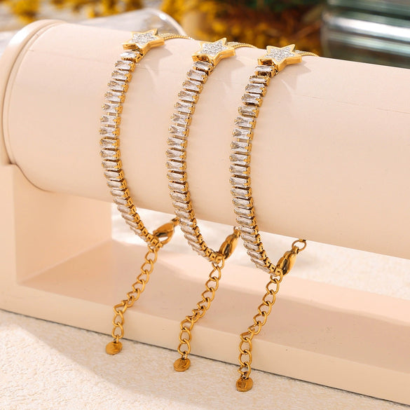 Wholesale Women's 316L Stainless Steel Zircon Bracelet With Geometric Fivepointed Star And Rectangular Design 18K Gold Plated