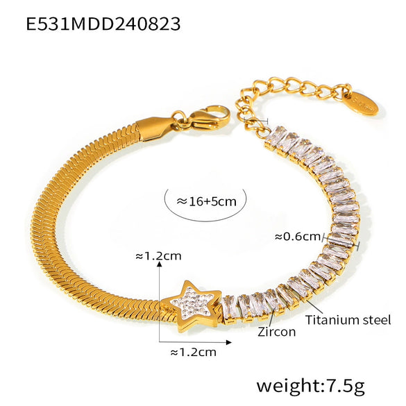 Wholesale Women's Titanium Steel Zircon Geometric Fivepointed Star Rectangular Plated 18K Gold Bracelet Jewelry