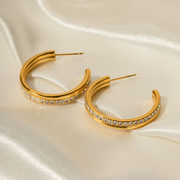 Wholesale Women's Trendy Fashion Wind Double Layer Earrings With Full Diamond 18K Gold Plated Stainless Steel Geometric Pattern
