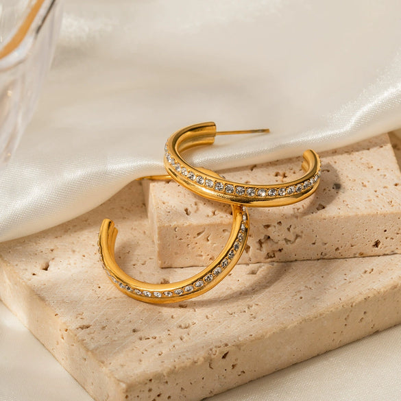Wholesale Women's Trendy Fashion Wind Double Layer Earrings With Full Diamond 18K Gold Plated Stainless Steel Geometric Pattern
