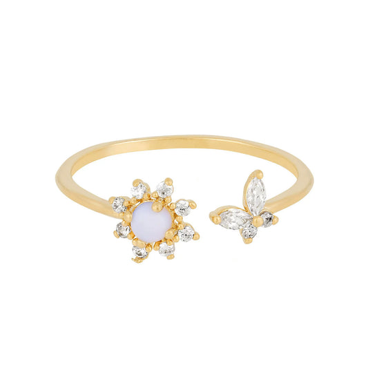 Wholesale Women's Trendy Open Ring With Plum Blossom Butterfly Design Zircon Inlaid Environmental Protection Copper Plus Real Gold Plating
