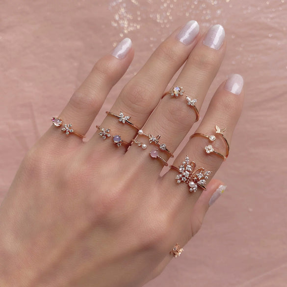 Wholesale Women's Trendy Open Ring With Plum Blossom Butterfly Design Zircon Inlaid Environmental Protection Copper Plus Real Gold Plating