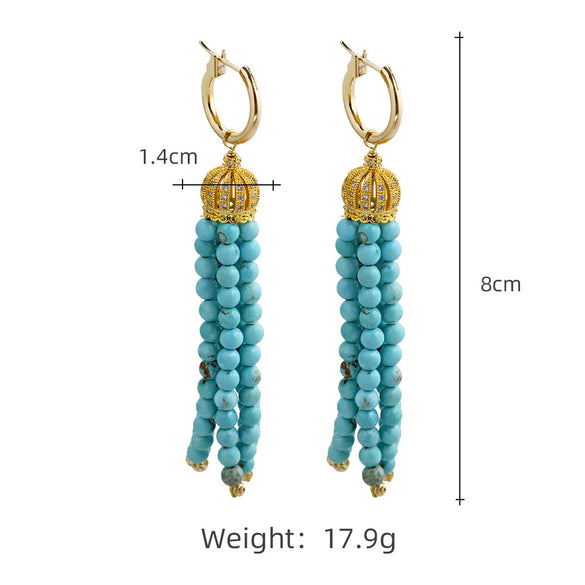 Wholesale Women's Turquoise Beaded Tassel Earrings With Electroplating Design