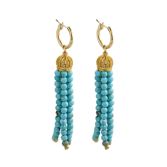 Wholesale Women's Turquoise Beaded Tassel Earrings With Electroplating Design
