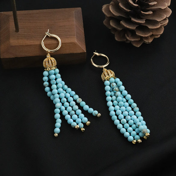 Wholesale Women's Turquoise Beaded Tassel Earrings With Electroplating Design
