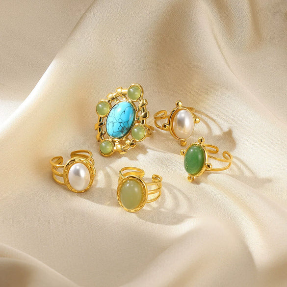 Wholesale Women's Turquoise Open Rings In Stainless Steel With Imitation Pearl And Electroplating