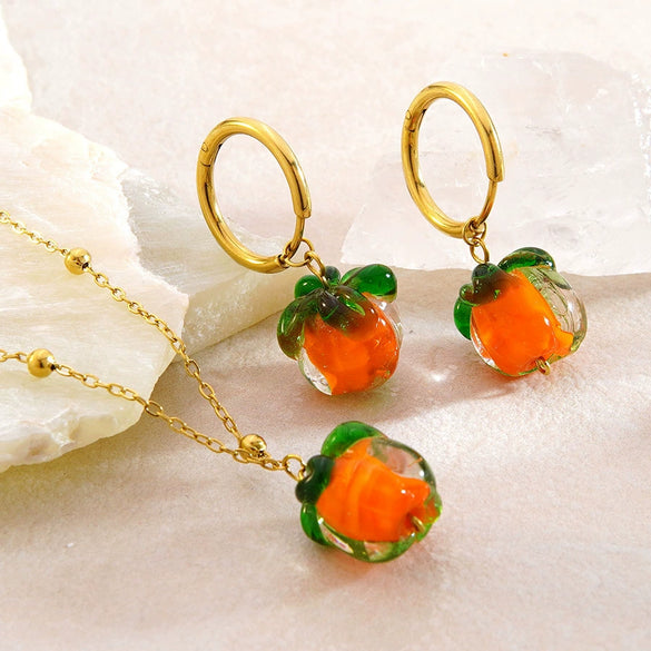 Wholesale Women's Unique Fruit Pattern Stainless Steel Electroplated Jewelry Set With O Word Chain Pendant Necklace And Pumpkin Earrings