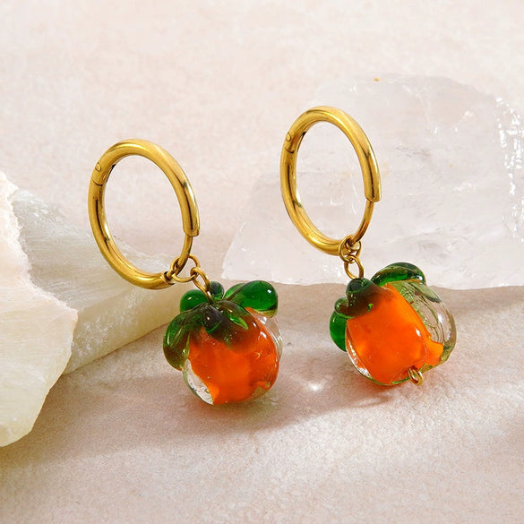 Wholesale Women's Unique Fruit Pattern Stainless Steel Electroplated Jewelry Set With O Word Chain Pendant Necklace And Pumpkin Earrings