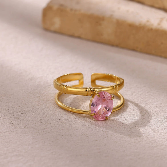 Wholesale Women's Universal Eggshaped And Fruitshaped Colorful Zircon Titanium Steel Ring With Inlaid Gold And Geometric Light Luxury Style