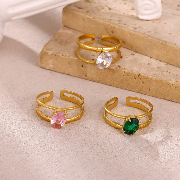 Wholesale Women's Universal Eggshaped And Fruitshaped Colorful Zircon Titanium Steel Ring With Inlaid Gold And Geometric Light Luxury Style