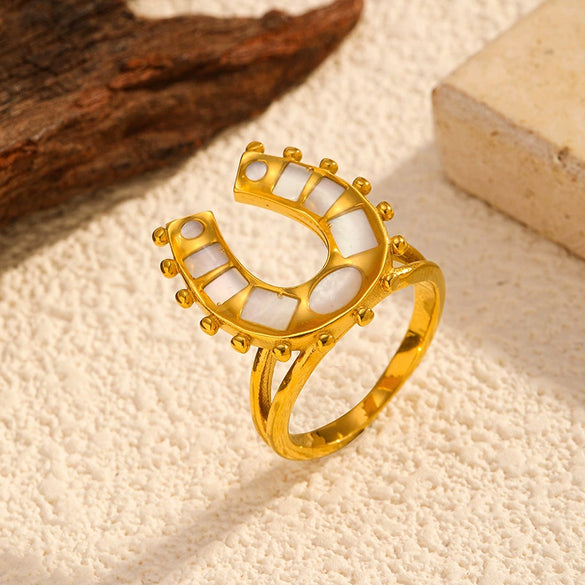 Wholesale Women's Ushaped Geometric Stainless Steel And Titanium Steel Ring With Pvd Furnace Vacuum Real Gold Plating