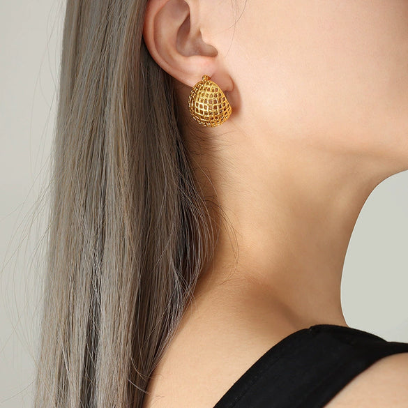 Wholesale Women's Ushaped Titanium Steel Goldplated Hemispherical Mesh Earrings