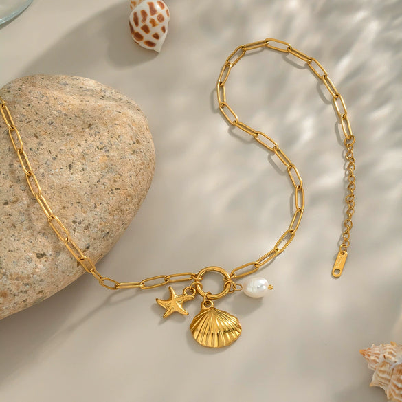 Wholesale Women's Vacation Ocean Style Shell Pearl Matching Elegant Stainless Steel Jewelry With Geometric Shape And Pvd Vacuum Real Gold Electroplating