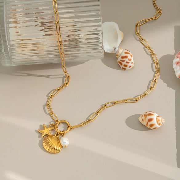 Wholesale Women's Vacation Ocean Style Shell Pearl Matching Elegant Stainless Steel Jewelry With Geometric Shape And Pvd Vacuum Real Gold Electroplating