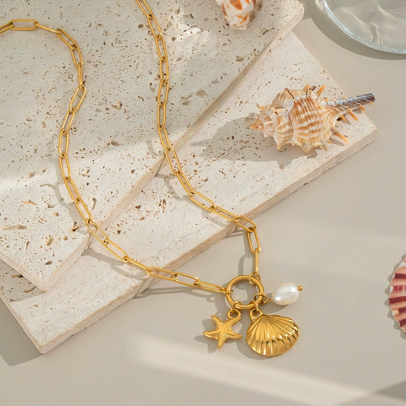 Wholesale Women's Vacation Ocean Style Shell Pearl Matching Elegant Stainless Steel Jewelry With Geometric Shape And Pvd Vacuum Real Gold Electroplating