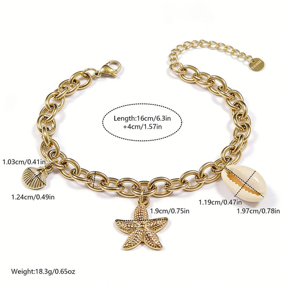 Wholesale Women's Vacation Style Geometric Shell And Starfish Stainless Steel Vacuum Plated Bracelet