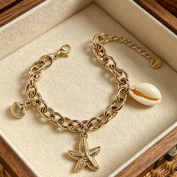 Wholesale Women's Vacation Style Geometric Shell And Starfish Stainless Steel Vacuum Plated Bracelet