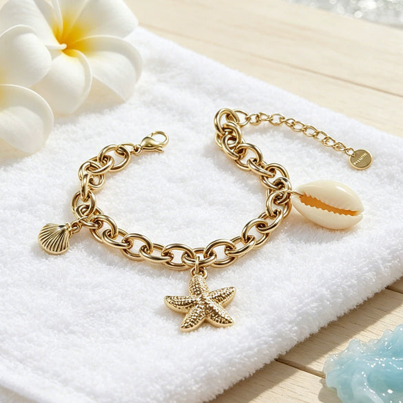 Wholesale Women's Vacation Style Geometric Shell And Starfish Stainless Steel Vacuum Plated Bracelet