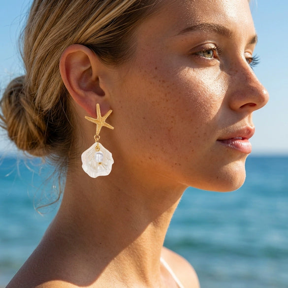 Wholesale Women's Vacation Style Minimalist Animal Zodiac Starfish Pearl Shell Pendant Earrings Made Of Alloy And Steel With Electroplating
