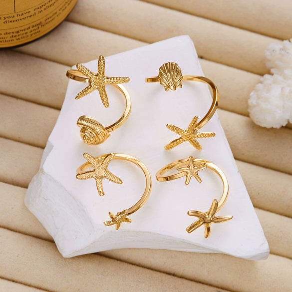Wholesale Women's Vacation Style Minimalist Starfish And Scallop Alloy Open Ring Set With Electroplating