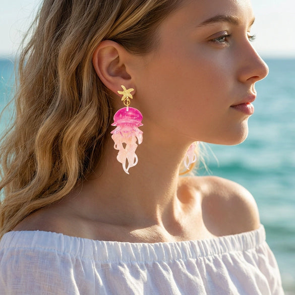 Wholesale Women's Vacation Style Minimalist Starfish Gradient Jellyfish Acrylic Electroplated Steel Earrings