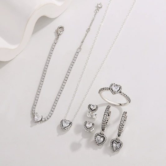 Wholesale Women's Versatile Electroplated Heartshaped Jewelry Set Made Of White Copper Including Earrings Ring Necklace And Bracelet