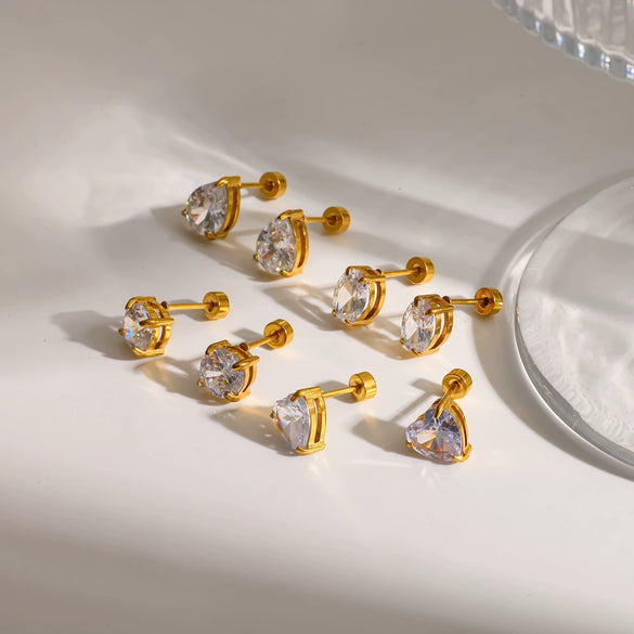 Wholesale Women's Versatile Geometric Drop Shape Round And Heart Shape Diamondencrusted Titanium Steel And Stainless Steel Earrings With Pvd Furnace Vacuum Real Gold Plating