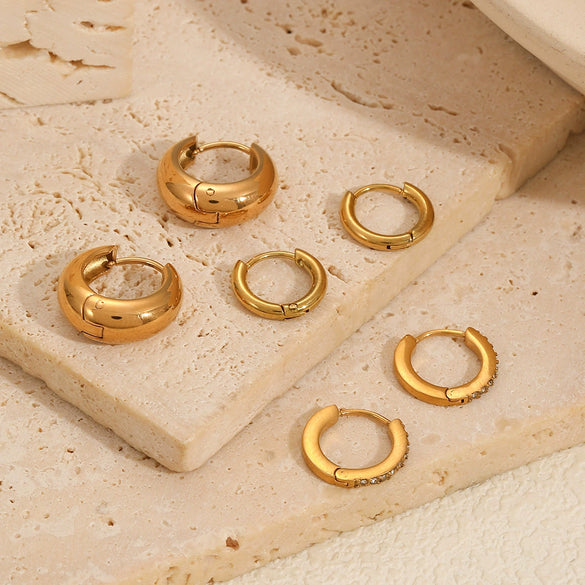 Wholesale Women's Versatile Geometric Stainless Steel 18K Gold Color Electroplated Earrings Three Piece Set