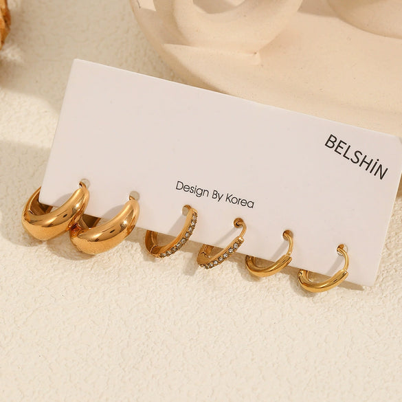 Wholesale Women's Versatile Geometric Stainless Steel 18K Gold Color Electroplated Earrings Three Piece Set